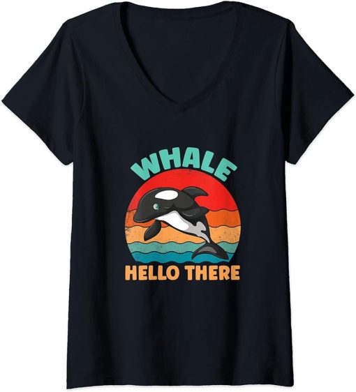 Womens Whale Hello There Retro Vintage Orca V-Neck T-Shirt