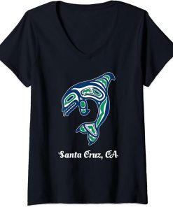 Womens Blue Green Native American Cruz Santa CA Orca Killer Whale V-Neck T-Shirt