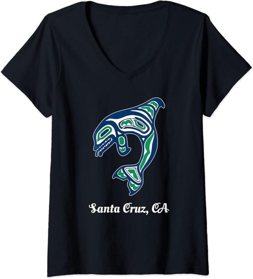 Womens Blue Green Native American Cruz Santa CA Orca Killer Whale V-Neck T-Shirt