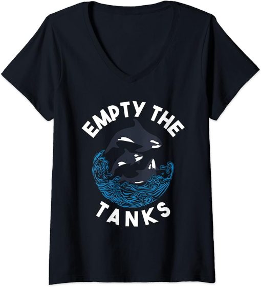 Womens Empty the Tanks Orca Whale V-Neck T-Shirt