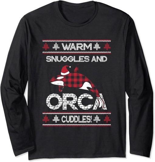 Red Plaid Plaided Warm Snuggles Orca Cuddles Christmas Xmas Long Sleeve T-Shirt