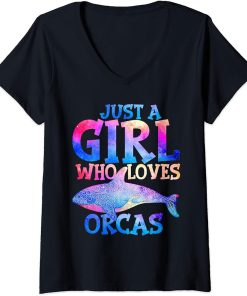 Womens Funny Whales Just A Girl Who Loves Orcas Orca Lovers V-Neck T-Shirt