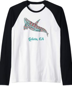 Goleta California Upward Orca Killer Whale Native American Raglan Baseball Tee