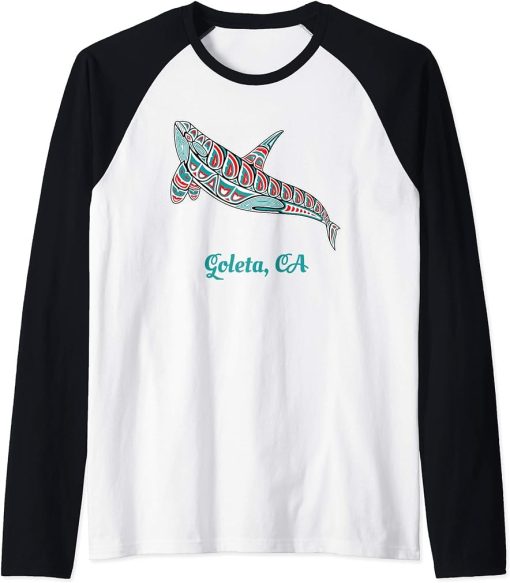 Goleta California Upward Orca Killer Whale Native American Raglan Baseball Tee